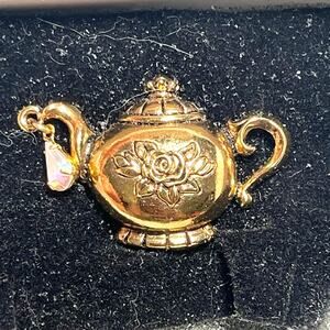Vintage 90's Avon Gold Tone Teapot Pin Tea Time Tac With Dangling Rhinestone